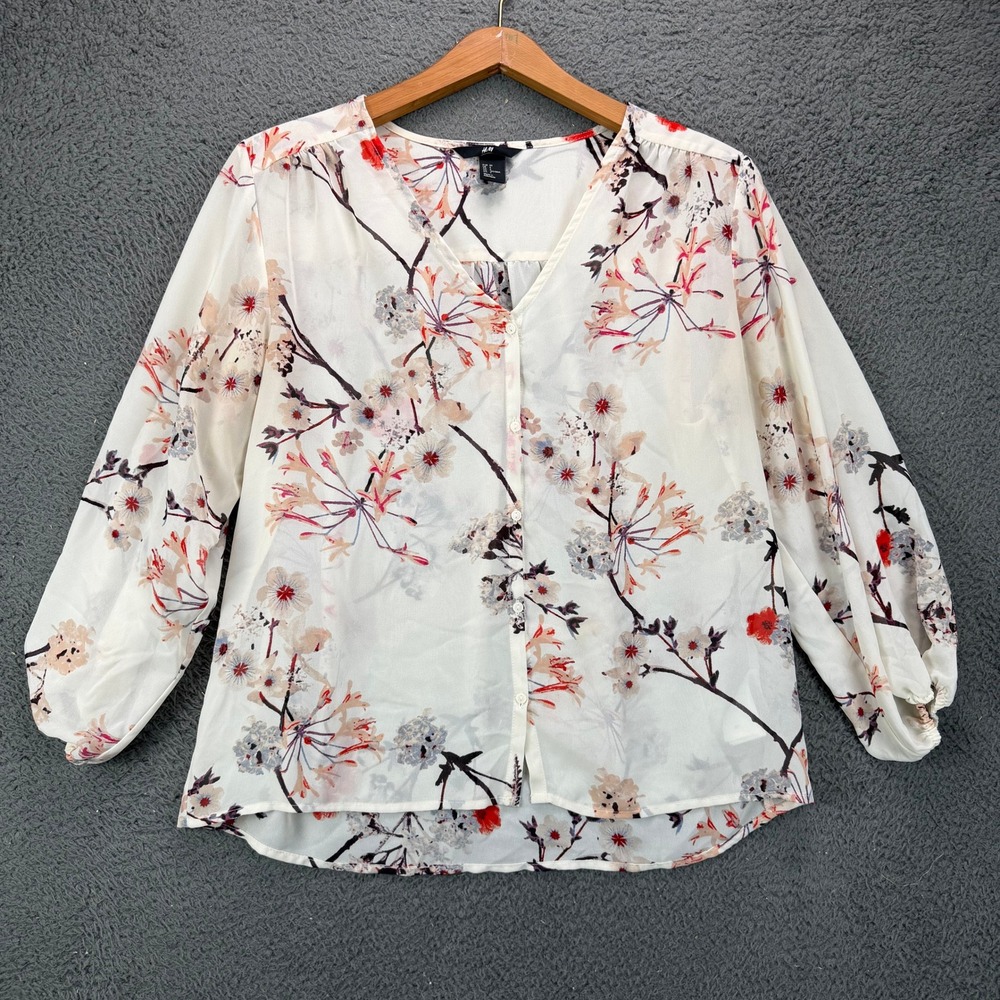 HM Womens Floral Button Front Blouse White Red V-Neck Long Sleeve Size 4 11449